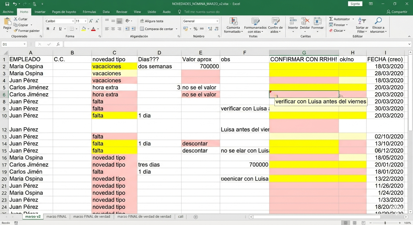 Screenshot de Excel caótico de novedades de nómina con múltiples formatos y fuentes